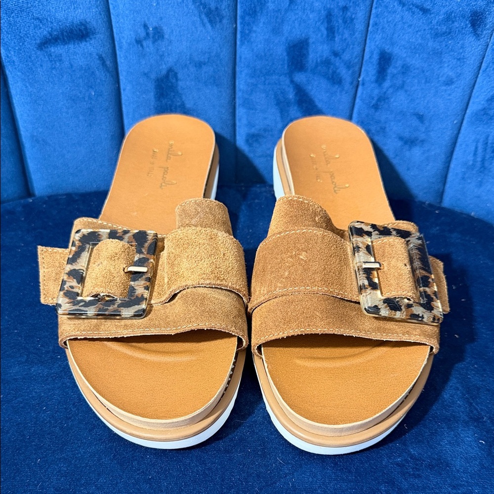 Mila Paoli Camel Suede Slide Sandals with Tortoise Buckle Size 7.5 - Picture 2 of 6